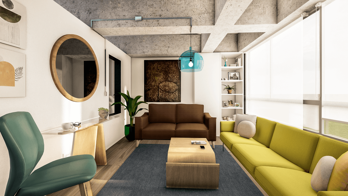 Una sala de estar con un sofá amarillo y un sofá marrón.