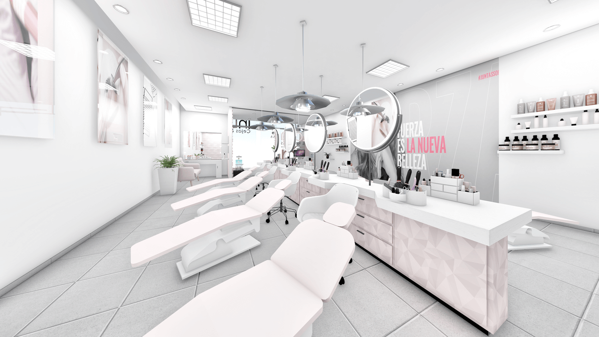 Una representación 3D de un salón de belleza con muchas sillas blancas.