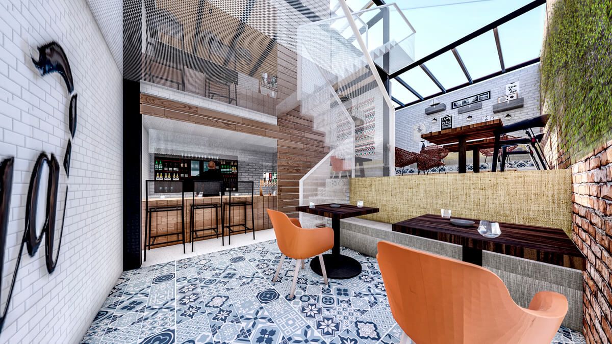 Una impresión artística de un restaurante con mesas y sillas.