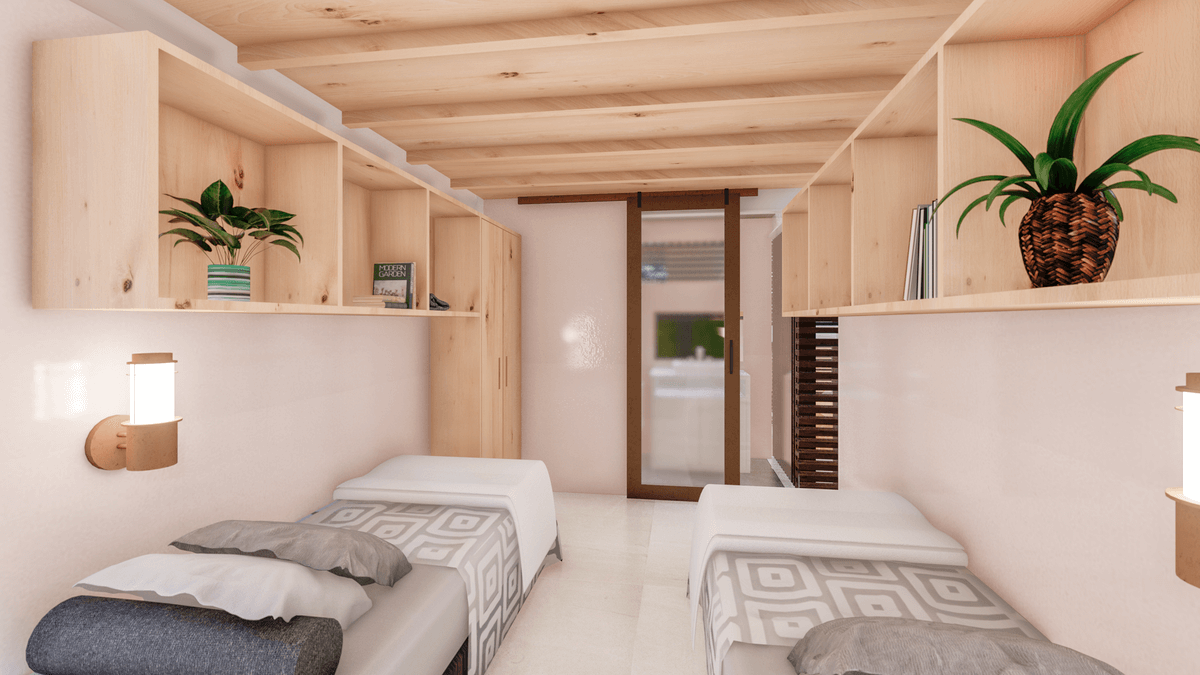 Un dormitorio con dos camas y estanterías de madera.