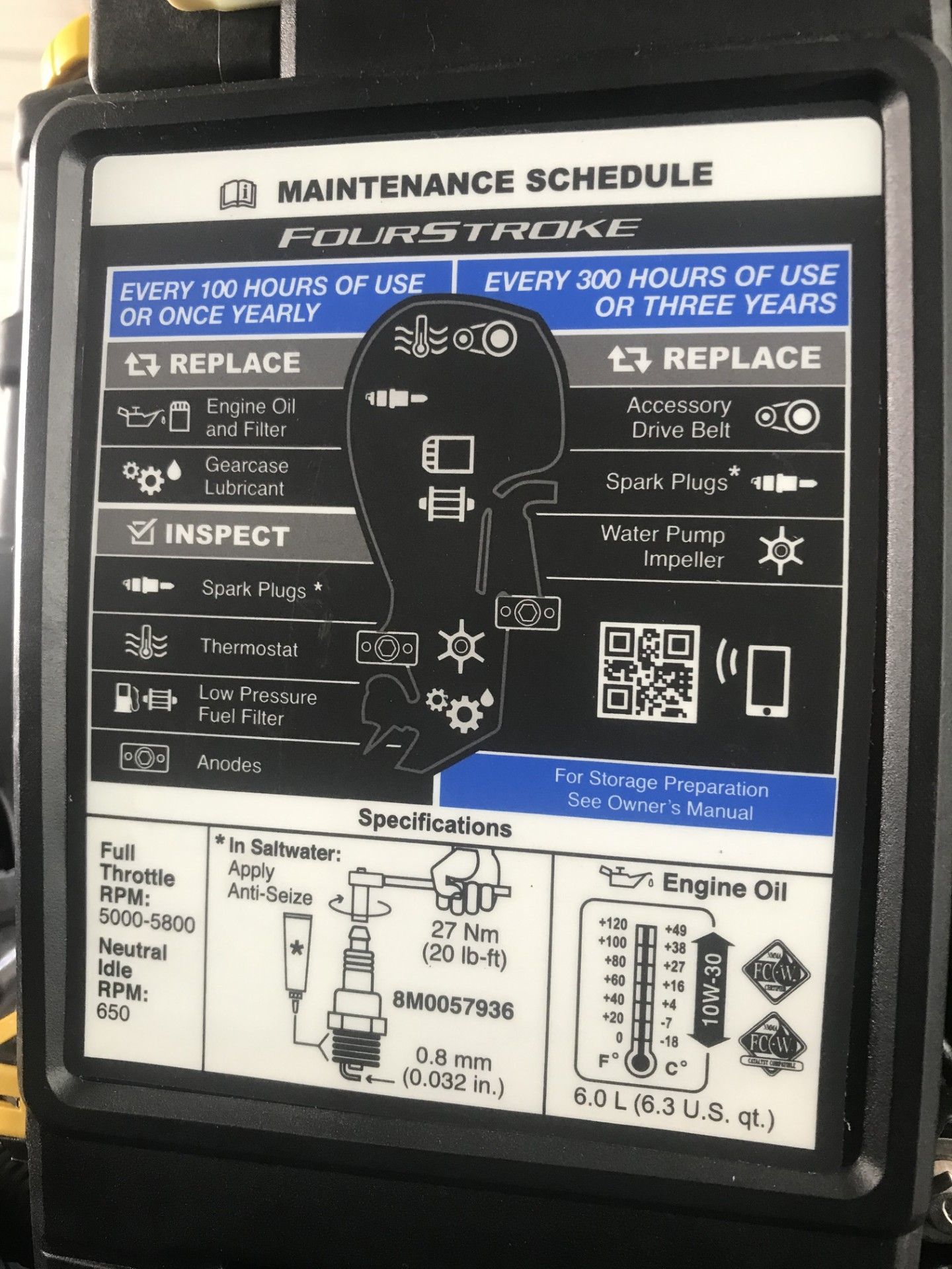 Maintenance schedule for a Fourstroke engine, including replacement and inspection tasks.
