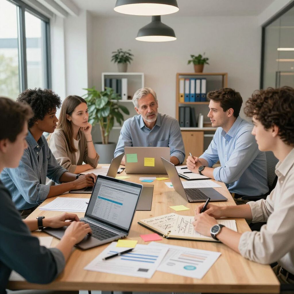 People in a meeting around a table, using laptops and documents. Office setting.