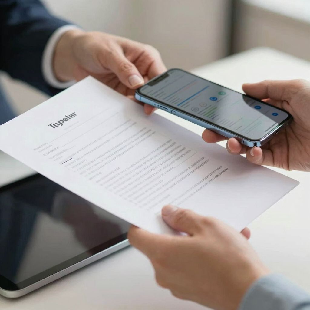 Hands scanning a document with a smartphone. Paper and device visible on a desk.