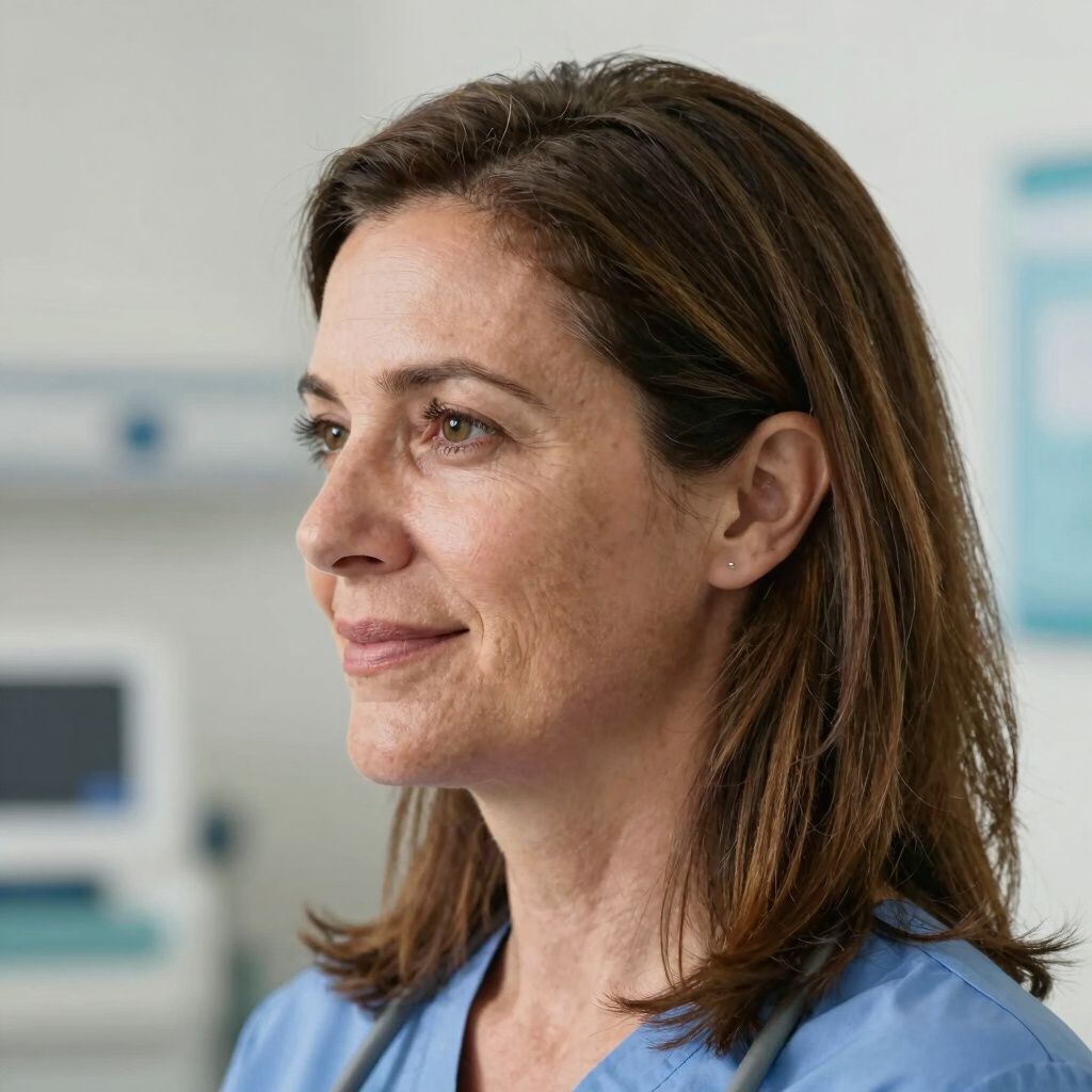 Woman in blue scrubs smiles in a medical setting, stethoscope around neck.