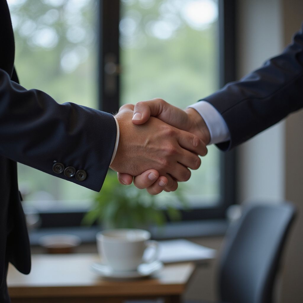 Two people in suits shaking hands in an office, symbolizing an agreement or deal.