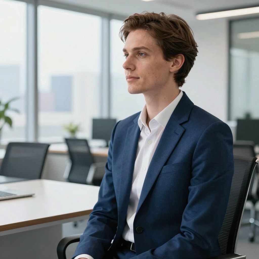 Man in a blue suit and white shirt sits in an office. He looks to his right, serious.