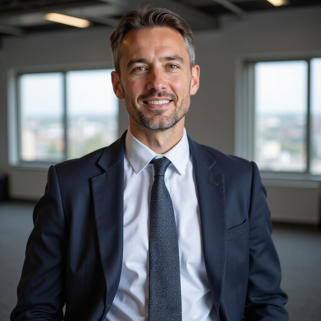 Man in a suit smiles in an office setting, natural light from windows.