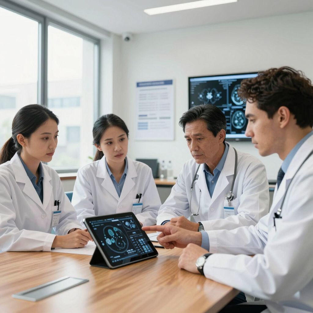 Doctors in lab coats review a tablet screen, discussing medical data in a bright conference room.