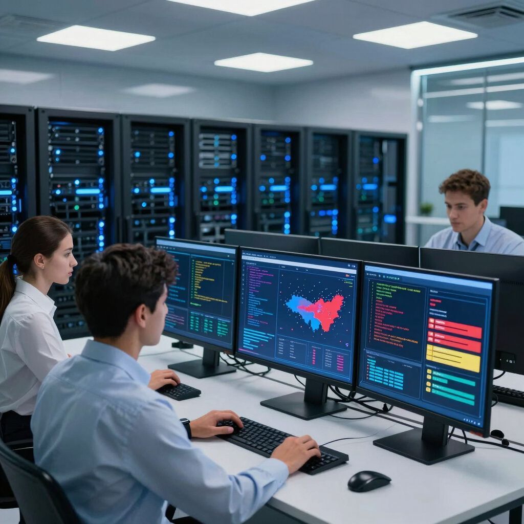 People working at computers in a server room, screens displaying data, server racks in background.