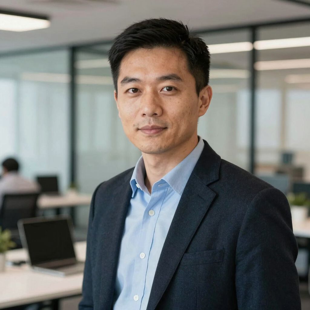 Man in blue shirt and blazer smiling slightly, in a modern office setting.