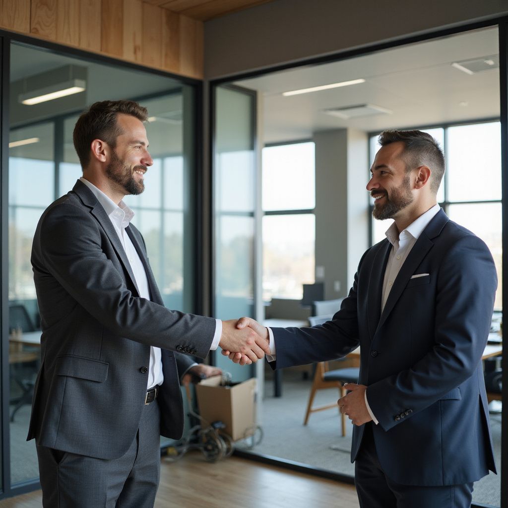 Two men in suits shaking hands in an office, smiling.