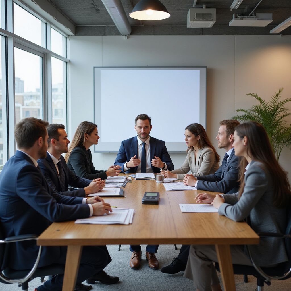 Business meeting: group seated around a table, led by a man in a blue suit, discussing strategies.