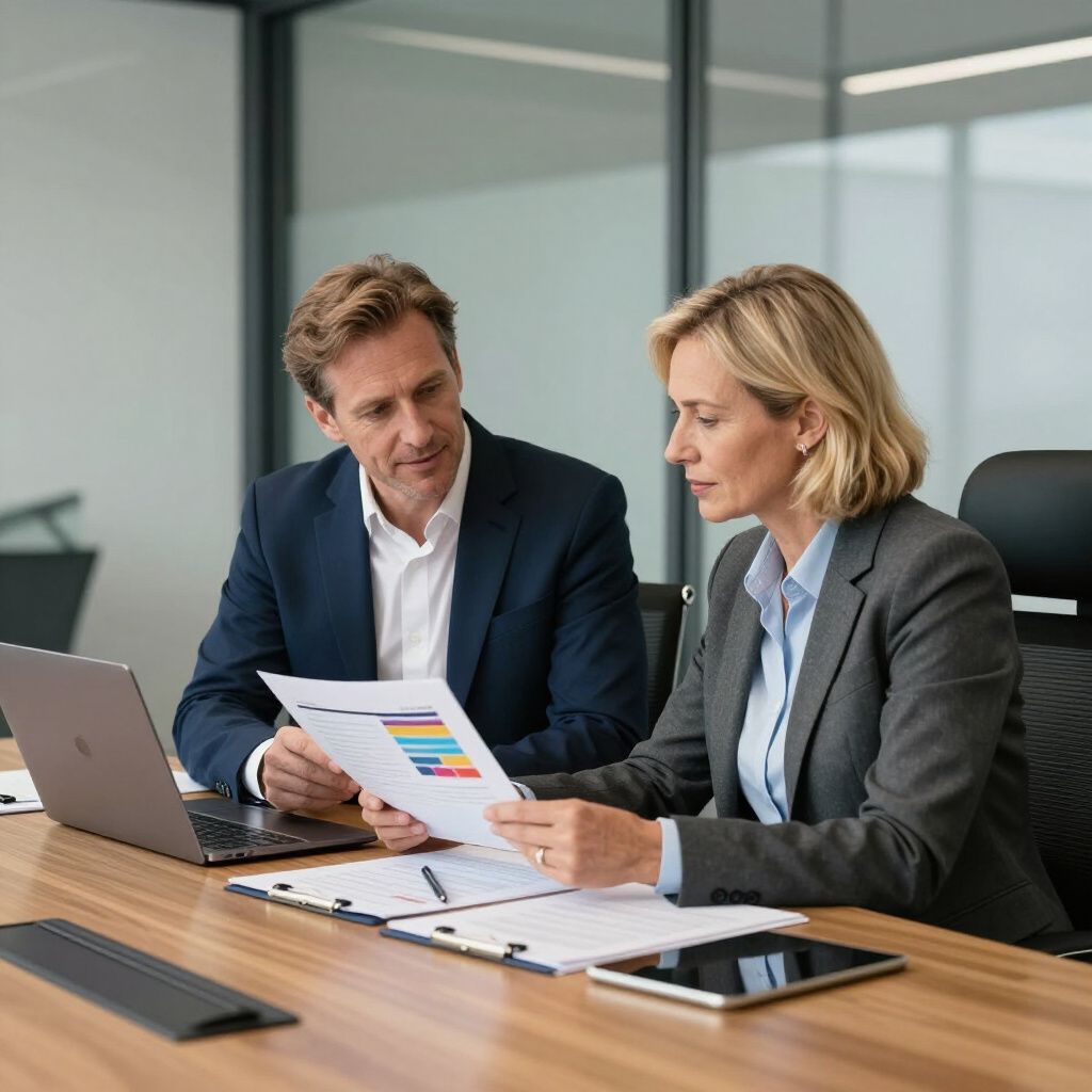 Two professionals reviewing financial documents at a table with laptop and tablet in a modern office.