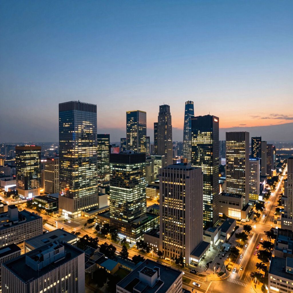 City skyline at dusk with lit skyscrapers and streetlights.