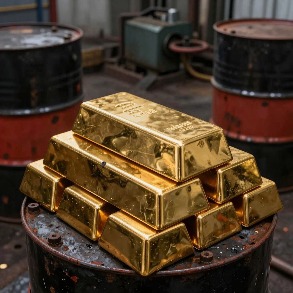 Gold bullion bars stacked on a rusty drum, with barrels and machinery in the background.