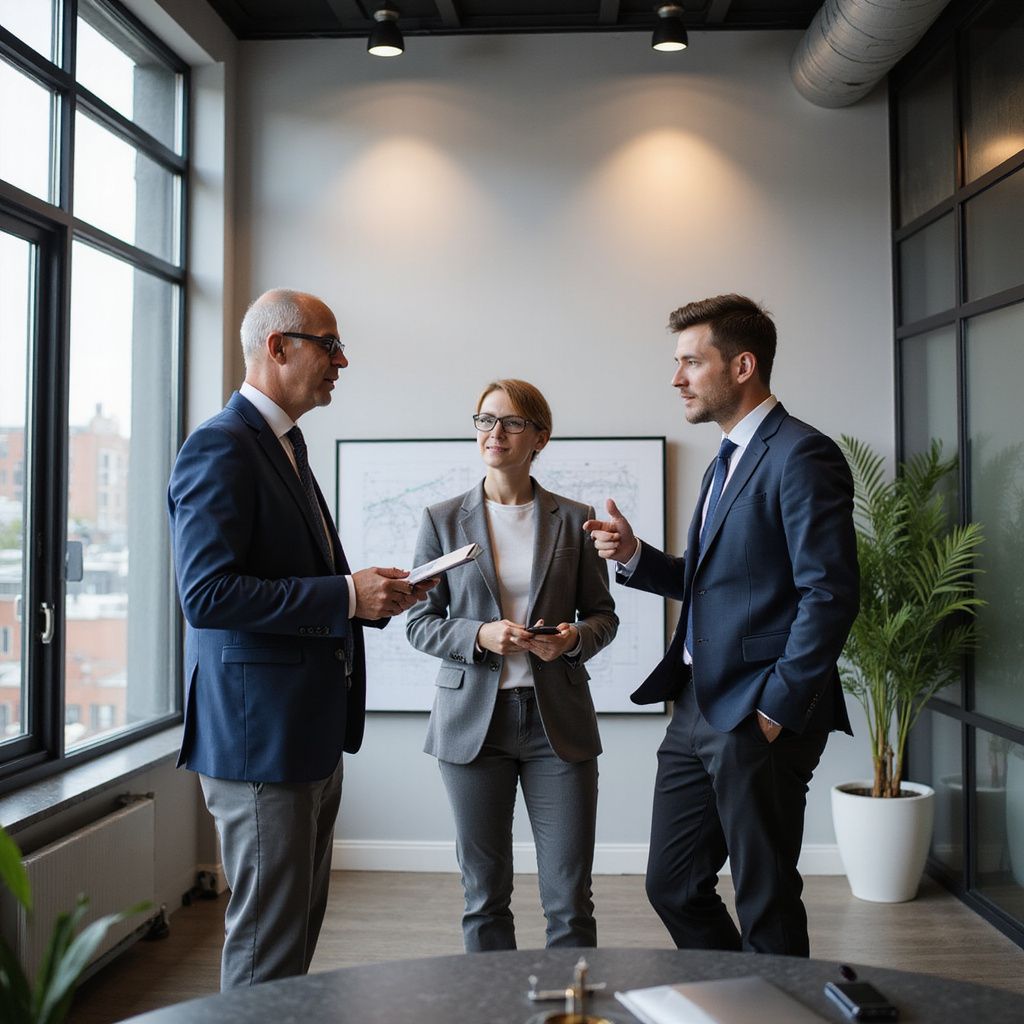 Three business people in suits discussing documents in a modern office with a window and a plant.