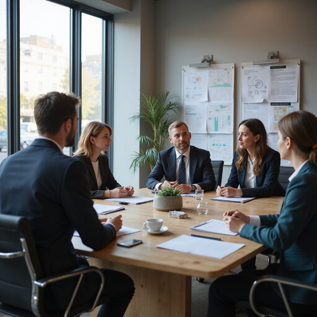 Business meeting: Five people in suits around a wooden table, discussing ideas.