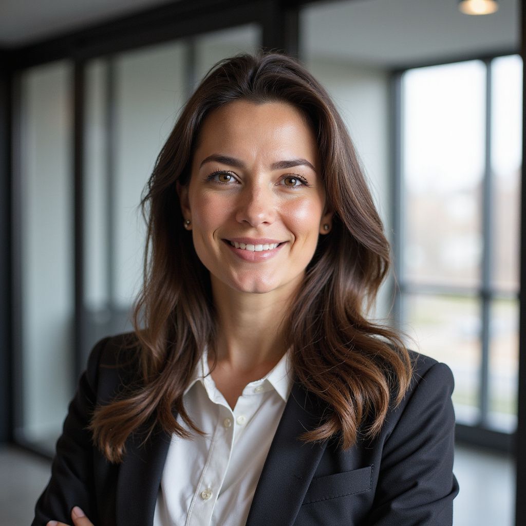 Woman in a blazer and white shirt smiles, arms crossed, in a modern office setting.