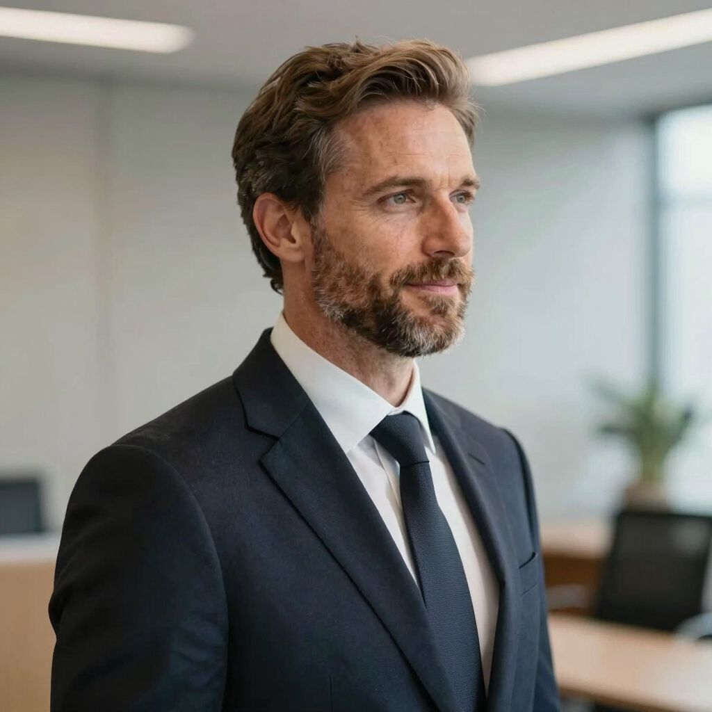 Man in a dark suit and tie, looking off camera with a contemplative expression, in an office setting.