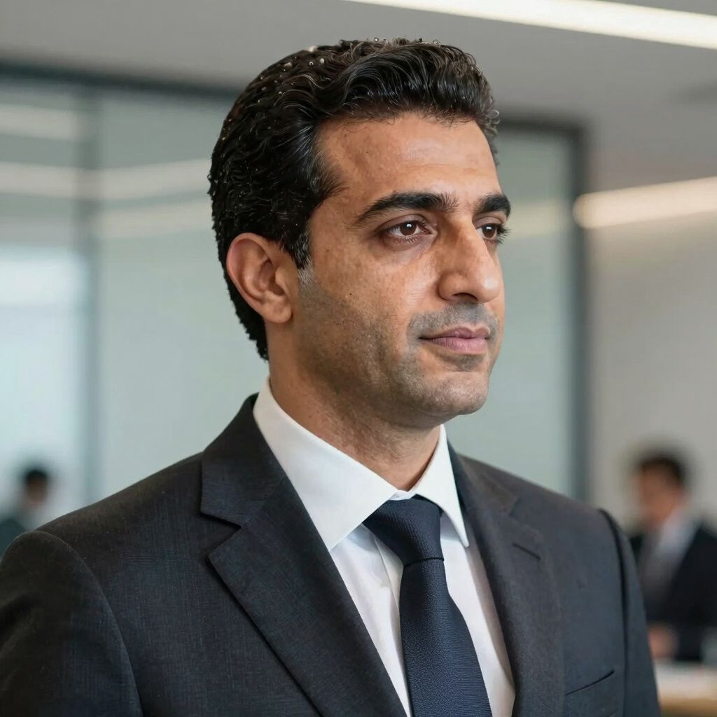 Man in a dark suit and tie, looking off to the side in an office setting.