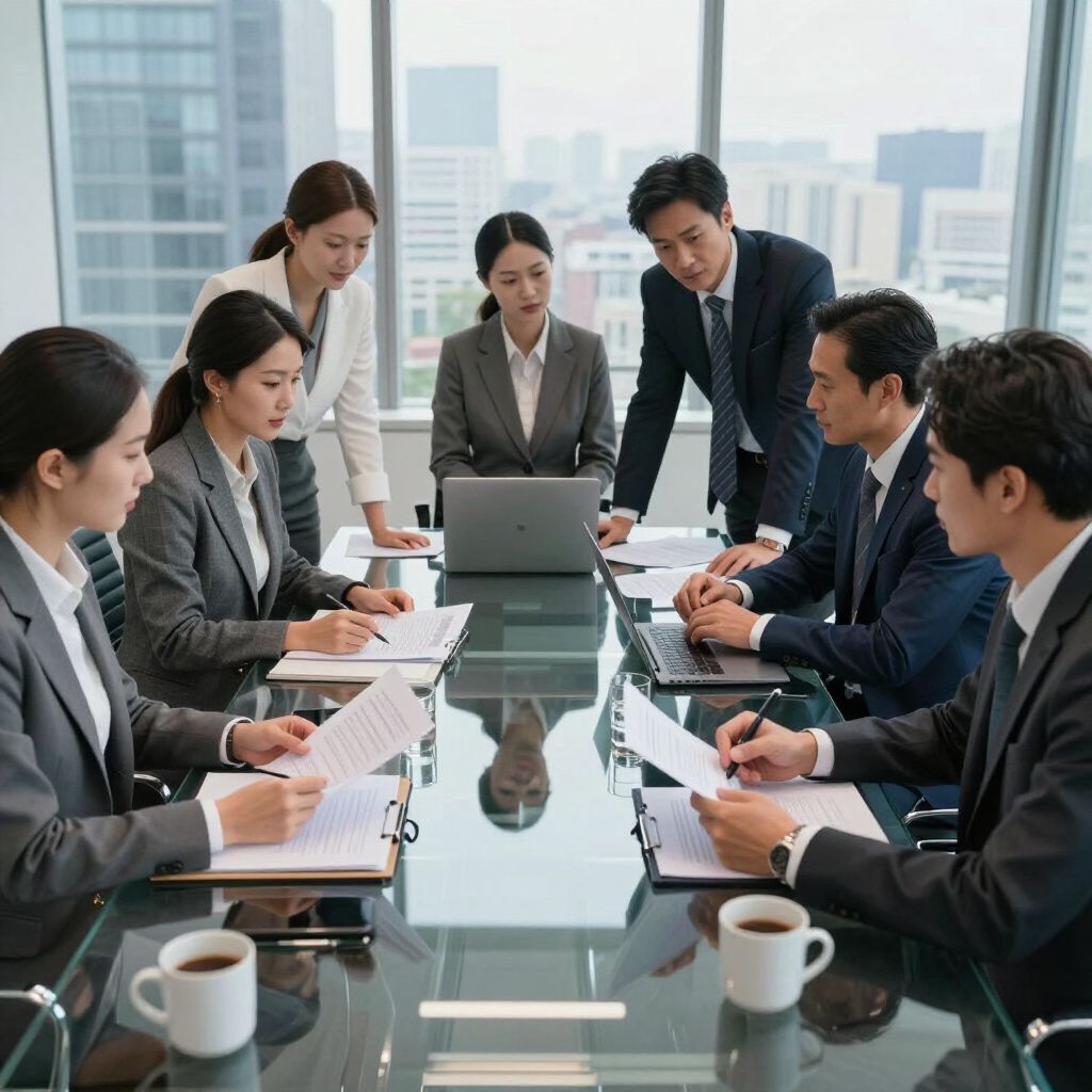 Business people in suits at a conference table with documents and laptops, in an office setting.