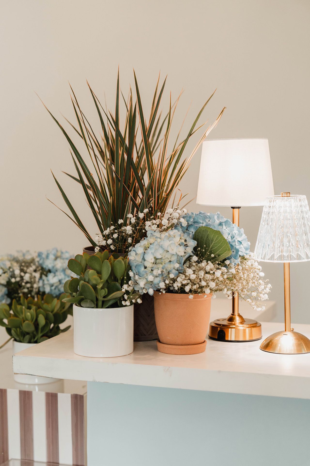 A table with potted plants and lamps on it.