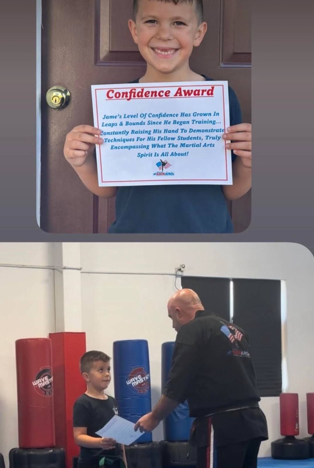 A young boy is holding a certificate that says confidence award.