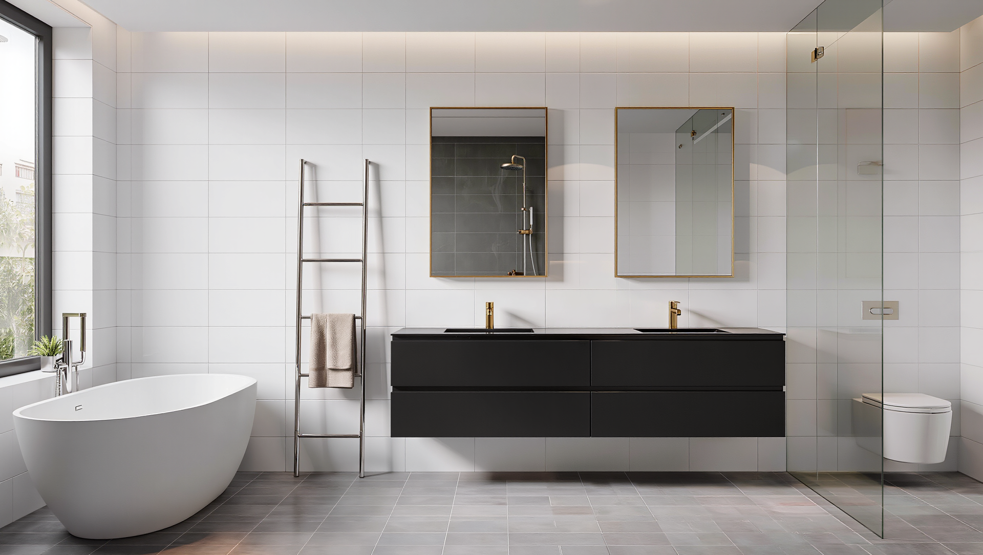 Modern bathroom with a bathtub, double vanity, and shower. Neutral tones and metallic fixtures.