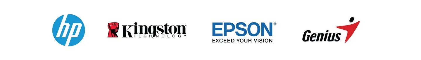 Logotipos de HP, Kingston, Epson y Genius.