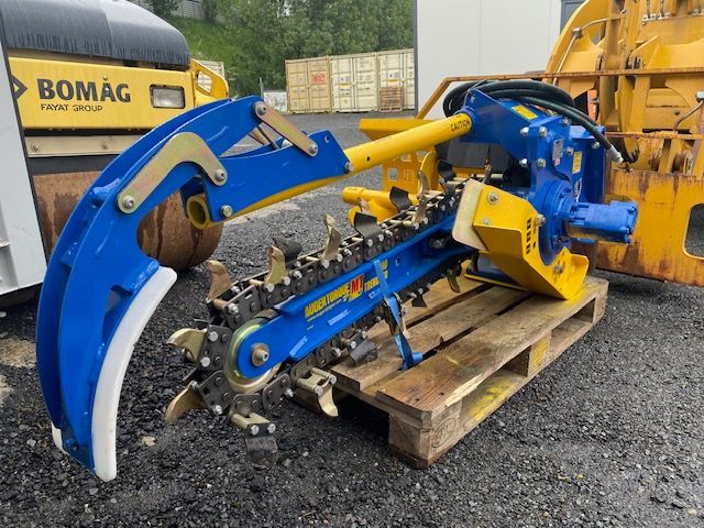 A blue and yellow machine is sitting on a wooden pallet.