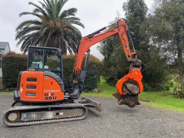 A small orange excavator is parked in a driveway next to a palm tree.