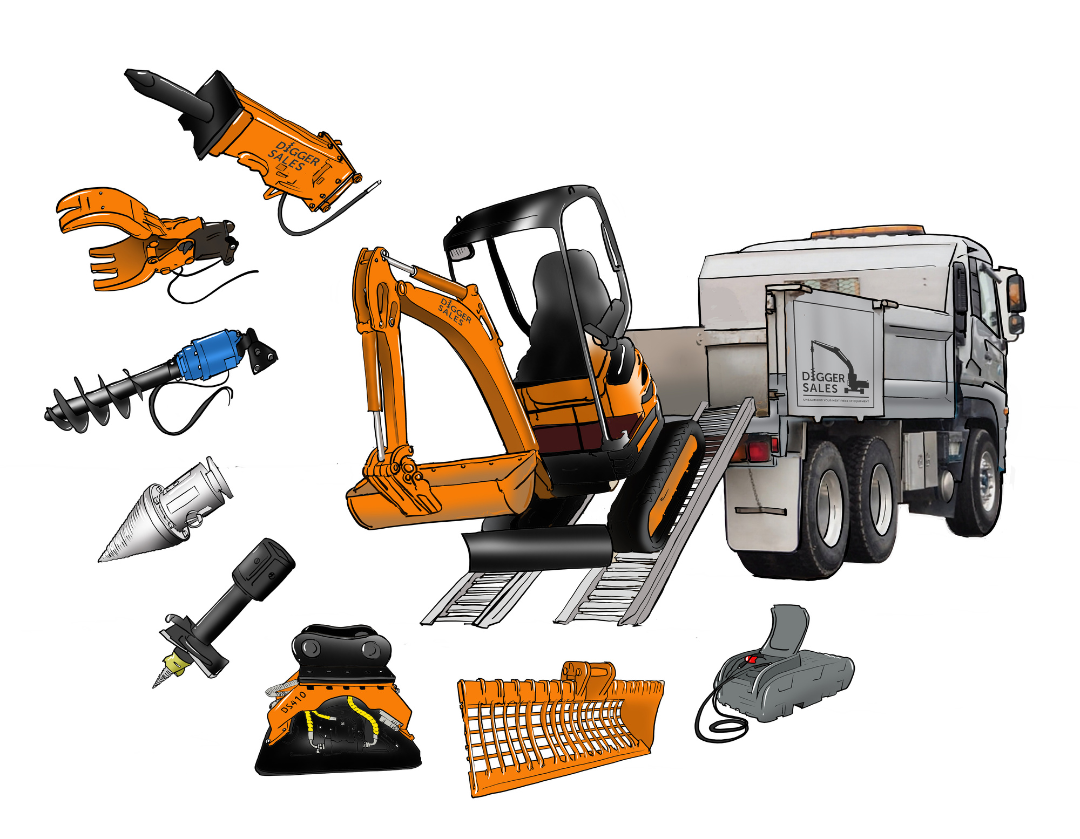There are many different types of construction equipment on a white background.