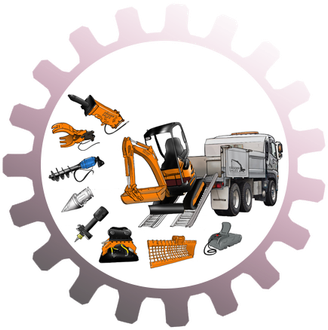 A picture of a truck , excavator , and other tools in a gear.
