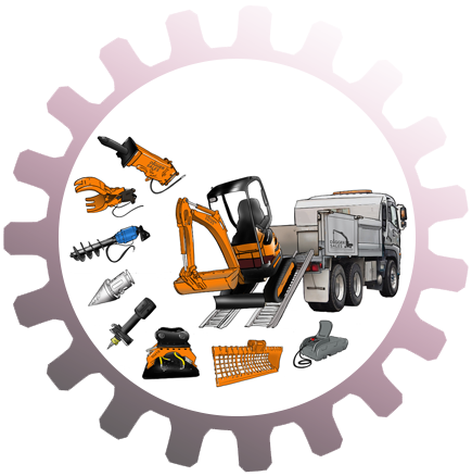 A picture of a truck , excavator , and other tools in a gear.