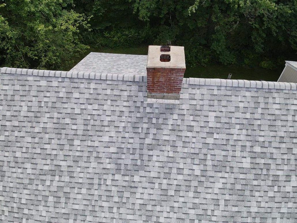 Close up of roof line. Roof replacement. Drone image.