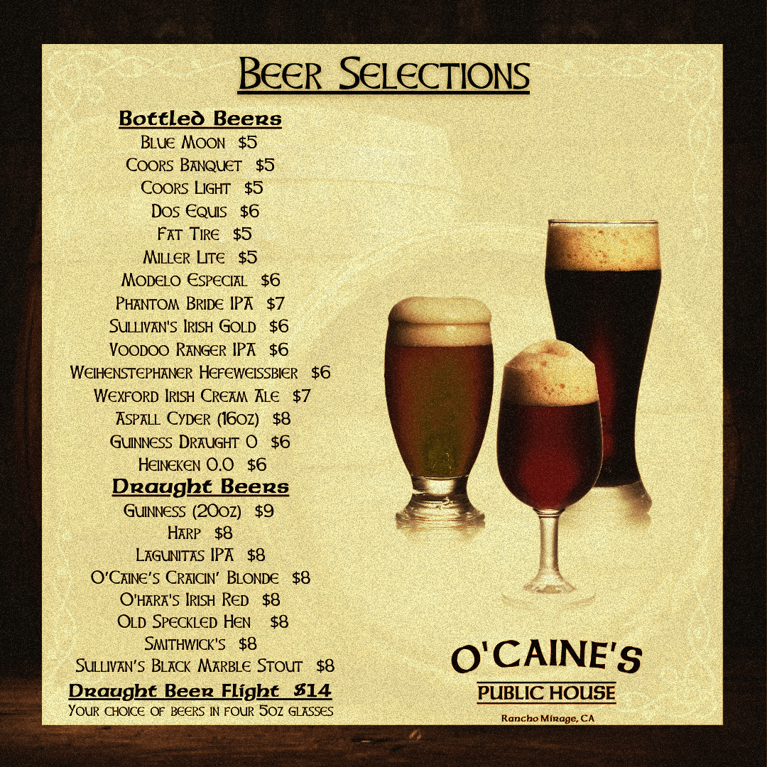 Irish pub — Beer Selections Menu in Rancho Mirage, CA