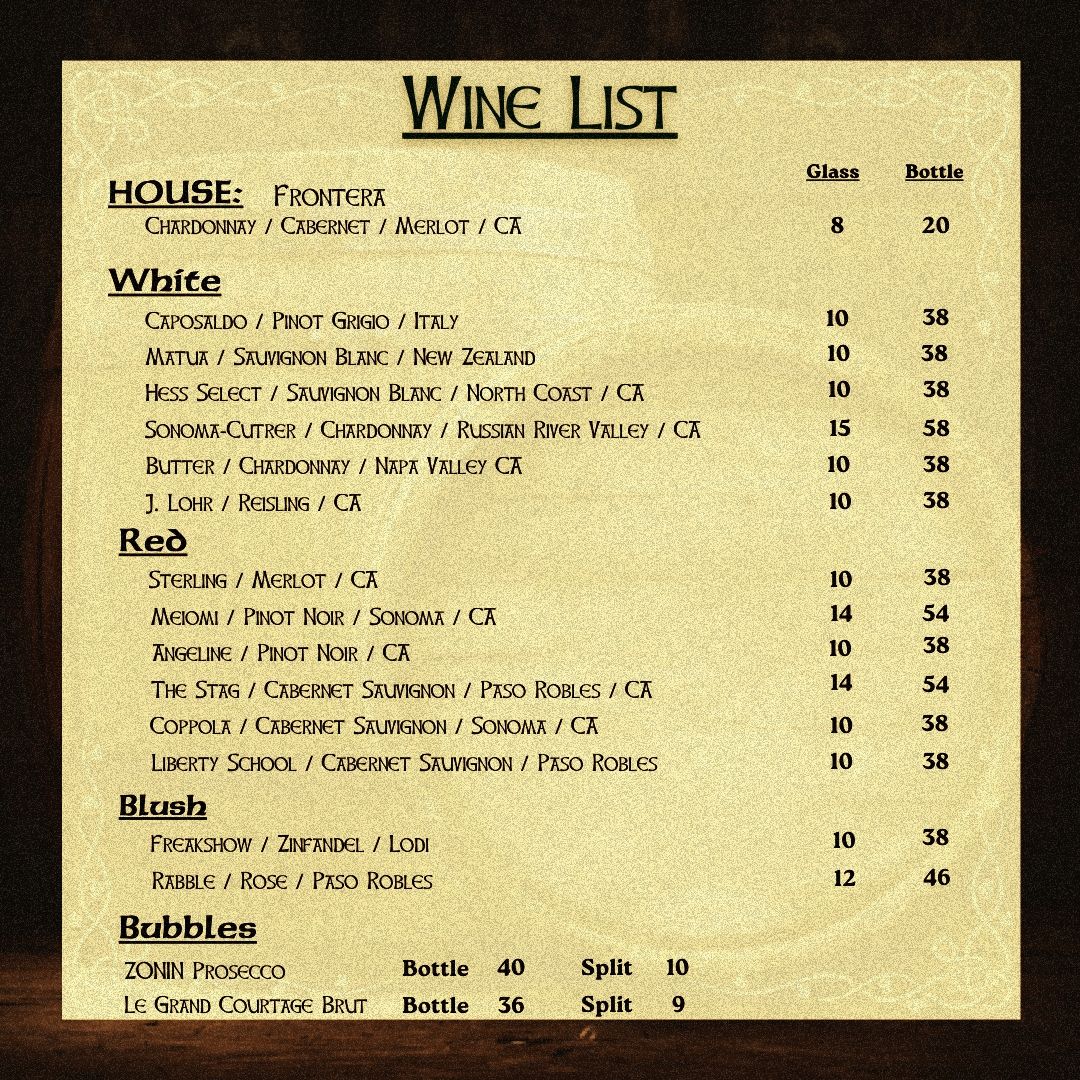 Irish pub — Wine List Menu in Rancho Mirage, CA