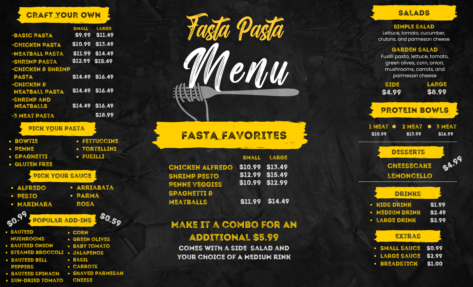 Black-and-gold restaurant menu for Fasta Pasta, with pastas, salads, sides, and desserts listed.