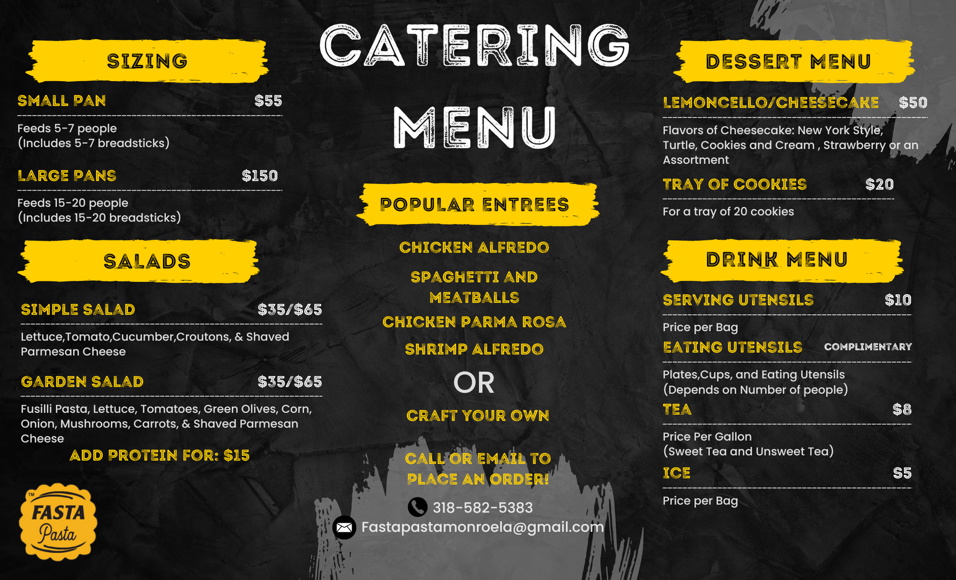 Black chalkboard-style catering menu with yellow section headers and white item listings
