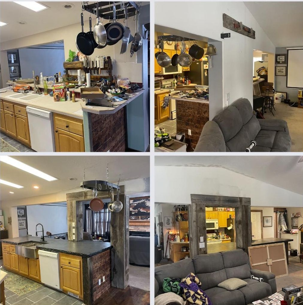 A collage of four pictures of a kitchen and living room