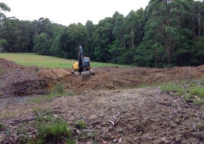 A yellow excavator is digging a hole in a field.