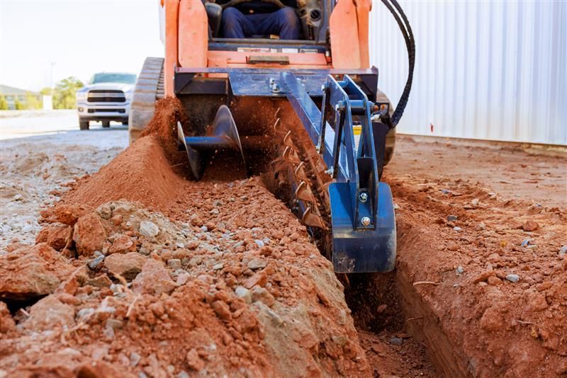 An excavation process using a trencher machine on a construction site during daylight hours