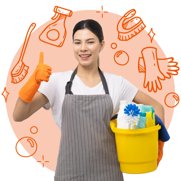 A woman in an apron is holding a yellow bucket of cleaning supplies and giving a thumbs up.