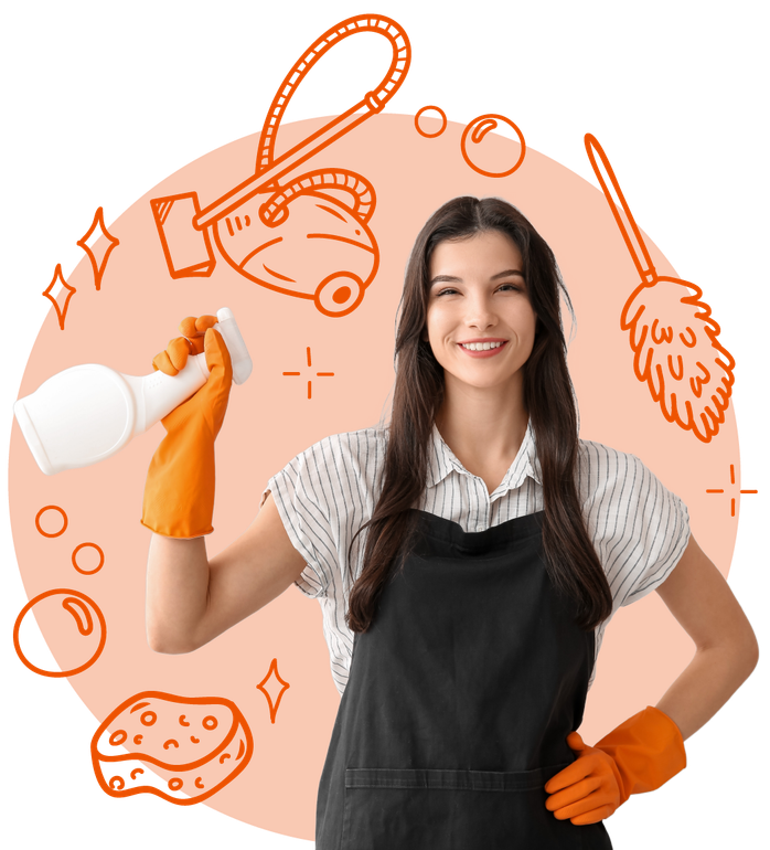 A woman in an apron is holding a vacuum cleaner in her hand.