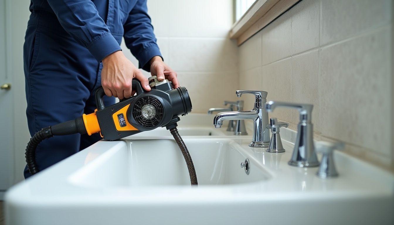Plumber in blue coveralls using a drain snake in a white bathtub with chrome fixtures.
