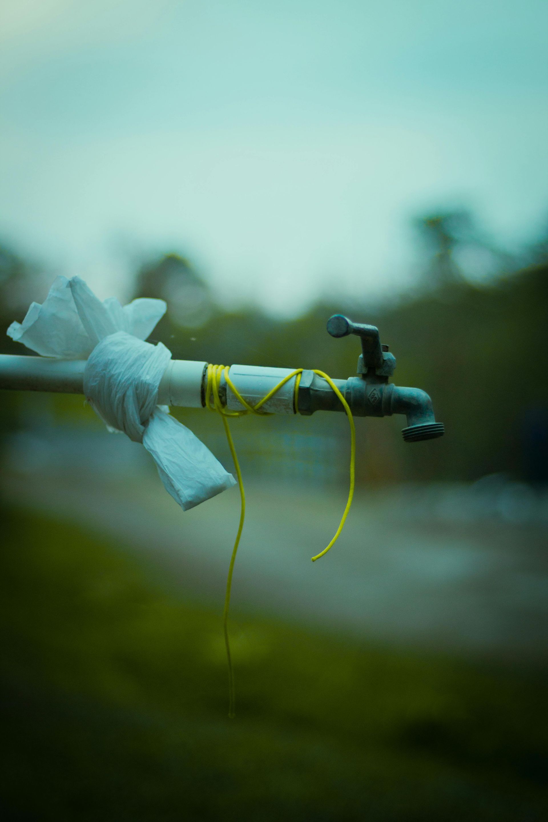Outdoor water faucet with tissue tied on the pipe, yellow string wrapped around it.