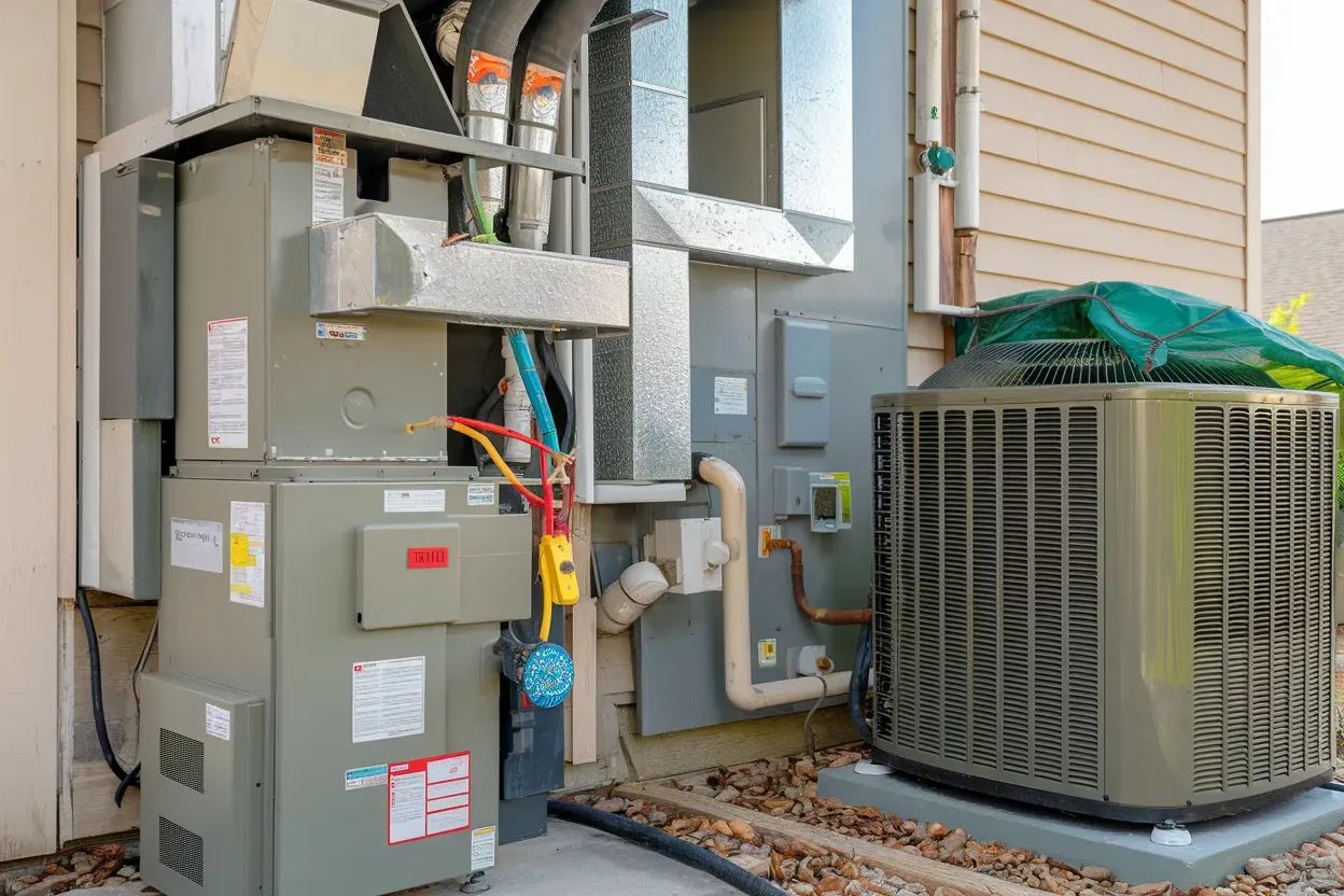 There are two air conditioners on the side of a house.