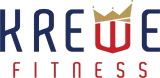 "KREWE FITNESS" logo with a red shield shaped like a 'W' topped with a gold crown, set against dark blue text.