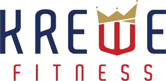 "KREWE FITNESS" logo with a red shield shaped like a 'W' topped with a gold crown, set against dark blue text.