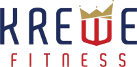 "KREWE FITNESS" logo with a red shield shaped like a 'W' topped with a gold crown, set against dark blue text.